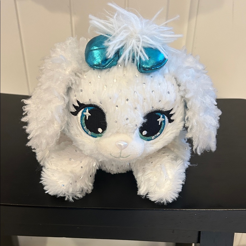White Plush Dog with Blue Bow